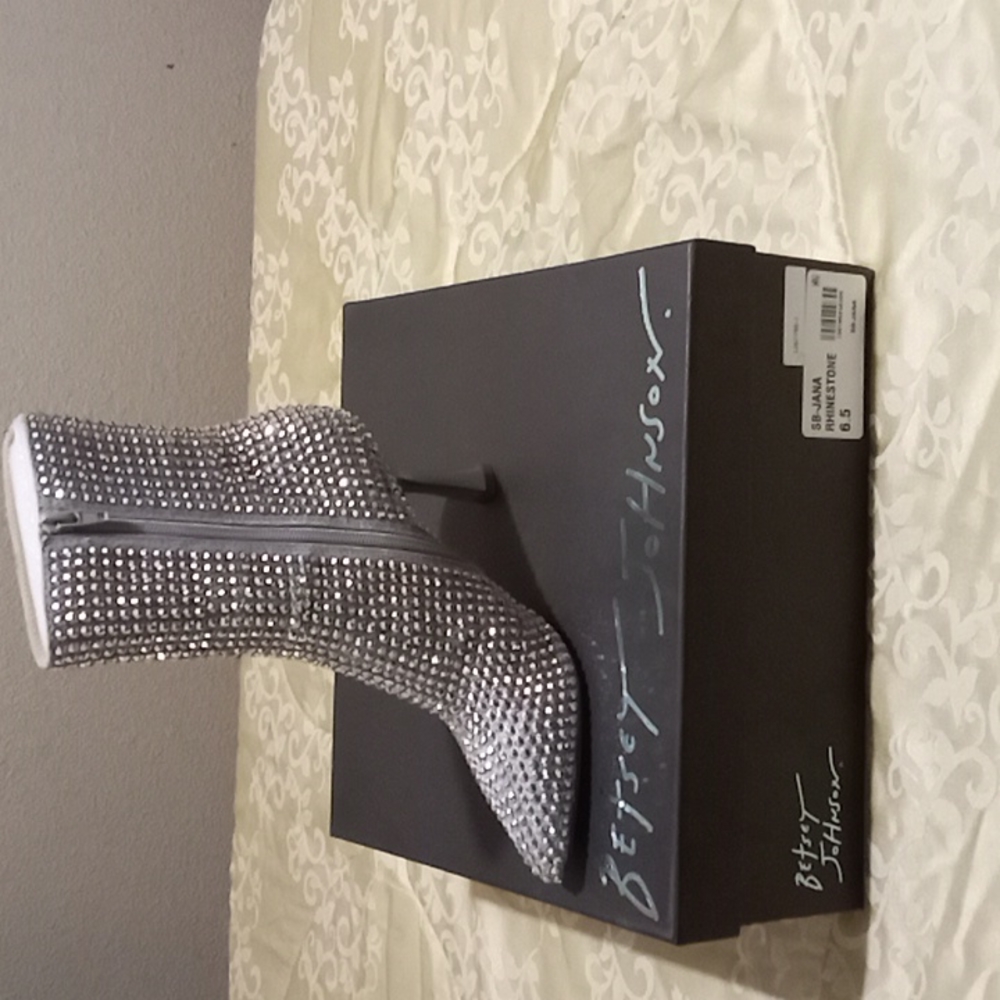 Betsy Johnson Rhinestone Boots, Silver, Size 6.5